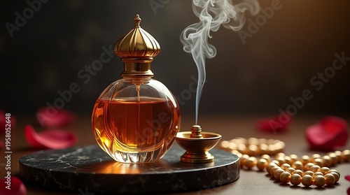 Elegant Perfume Bottle with Incense and Rose Petals