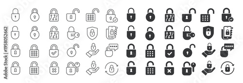 Lock thin line and solid icon set. Multi series icon collection. Web minimal icons