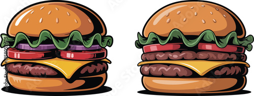 Two cheeseburgers with lettuce tomato and cheese on a white background fast food illustration