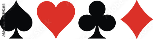 Four iconic playing card suits arranged horizontally on white background for design and gaming concepts
