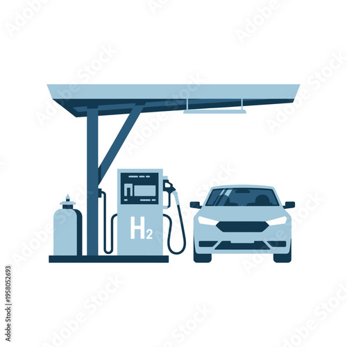 A hydrogen fueling station with a car refueling underneath a canopy