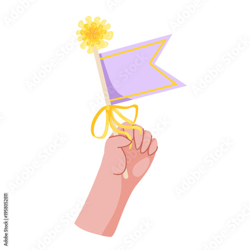 Hand holding birthday party flag with ribbon and pom-pom decoration. Festive celebration element isolated on white background. Flat vector cartoon hand drawn illustration for web, sticker, print