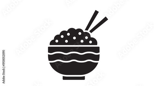 Bowl of rice with chopsticks icon with traditional wavy pattern on the bowl and scattered white dots representing grains
