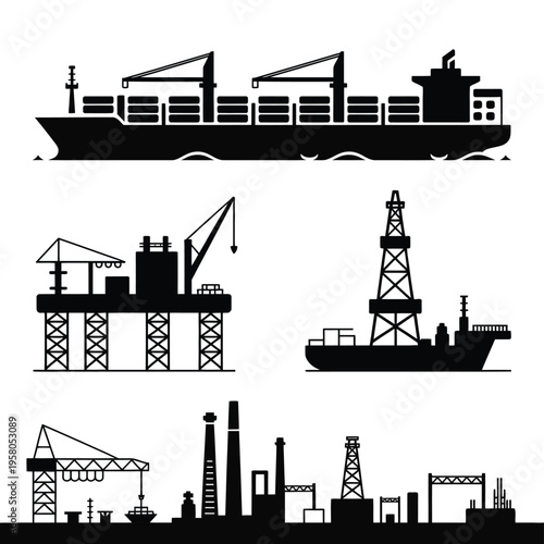 A collection of industrial silhouettes featuring cargo ships and construction sites