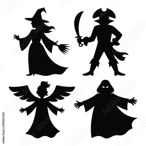 Four black silhouettes of fantasy characters on a white background