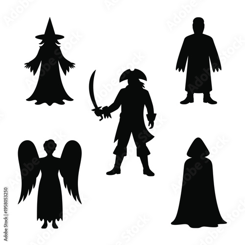 A group of mysterious black silhouettes of people in various costumes
