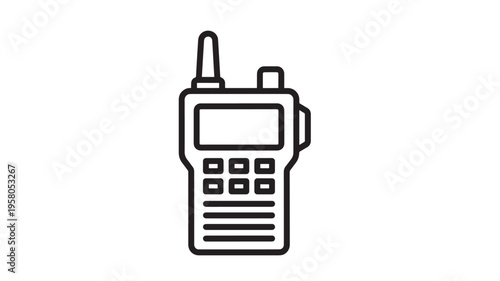 Walkie-talkie icon with antenna and buttons for communication and signal transmission on a white background.