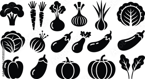 Collection of black vegetable icons on white background including broccoli carrots onions and pumpkins