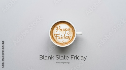 Overhead view of a steaming white coffee cup with 'Happy Friday' latte art, perfect for morning greetings and weekend inspiration.