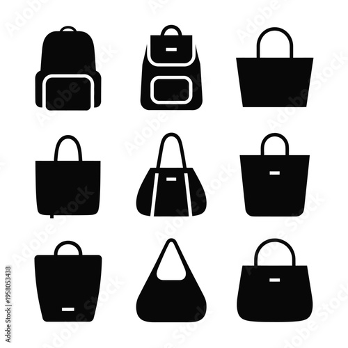 A collection of various black handbags and backpacks on a white background