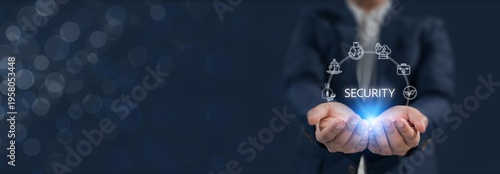 Global security economy and Risk management concept. Holding digital security icons representing global security economy, risk management, protection systems, economic stability in a connected world.