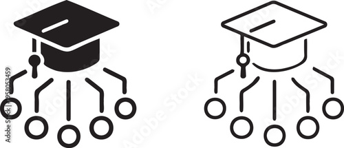 Set of 2 black and white vector icons depicting a graduation cap connected to multiple circles, symbolizing education and knowledge distribution.
