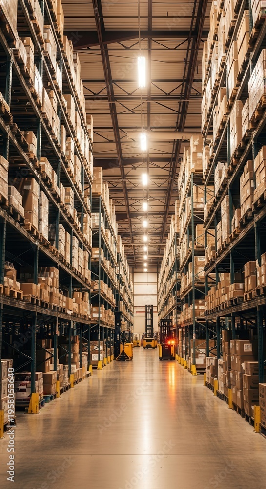 Fototapeta premium Warehouse Interior with Shelves and Boxes for Storage.