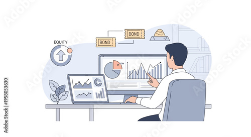 Businessman analyzing 32 diversification strategy on computer with equity bond a