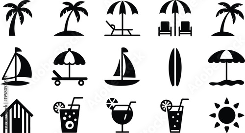 Black beach icons set including palm trees umbrellas sailboats surfboards hut drinks and sun on white background for summer concepts