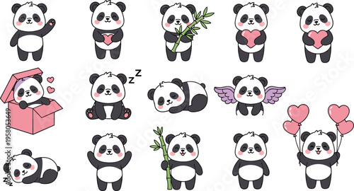 Cute Panda Cartoon Characters Collection with Hearts Bamboo Sleeping and Funny Expressions Vector Illustration Set