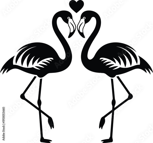 Flamingo silhouettes, romantic heart shape, love symbol, bird symmetry, affection theme, unity, nature elegance, wildlife art, relationship, decorative design, harmony