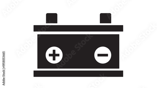 Battery car icon with positive and negative terminals and charge symbols, black silhouette on white background.