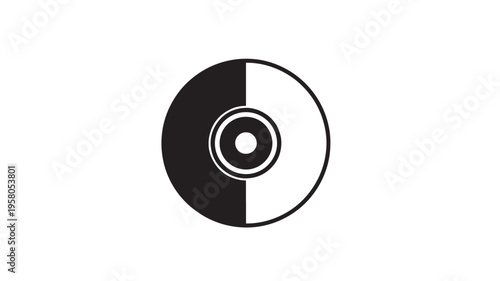 CD icon divided into black and white halves with concentric circles in the center for data storage. featuring CD, compact disc, symbol with media and