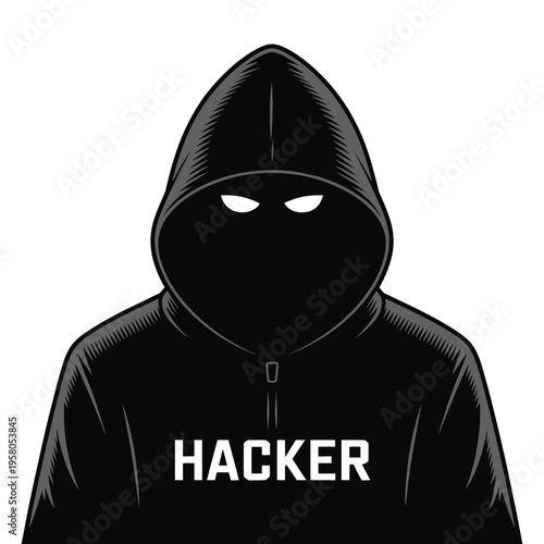An illustration of a mysterious hacker in a black hoodie