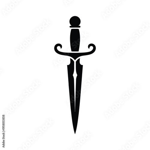 A black dagger icon with a white background illustration