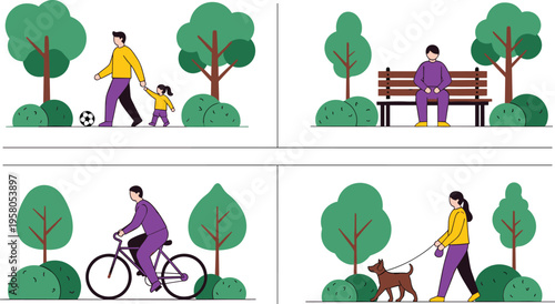 People Activities in Park Vector Illustration Set Walking Cycling Sitting with Dog