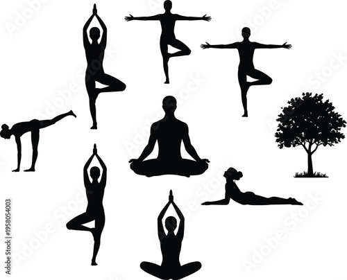 Yoga silhouettes, meditation posture, tree pose, warrior pose, cobra pose, mindfulness practice, balance, flexibility, nature harmony, wellness lifestyle, spirituality, fitness