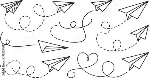 Paper airplanes flying in different directions with dotted lines and swirls on a white background symbolizing freedom and creativity