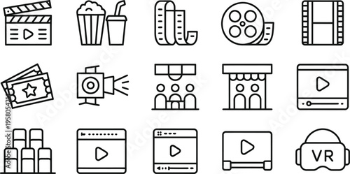 Black and white line icons of film video and media symbols including clapperboards film reels play buttons and virtual reality headsets on a plain background