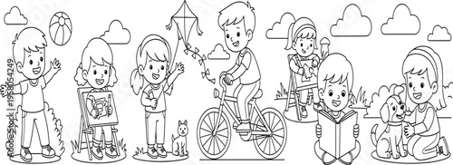 Kids Outdoor Activities Outline Vector Illustration with Children Playing Reading Cycling Flying Kite and Pet Care Scenes for Coloring Pages and Educational Designs.