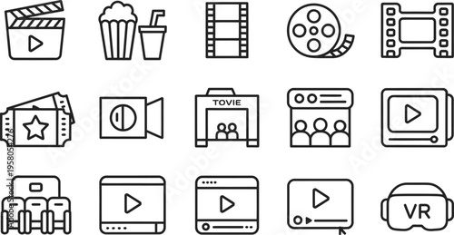 Black and white video and film icons set for media and entertainment industry play buttons and symbols