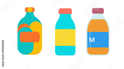 Colorful fruit juice bottle illustration in simple flat cartoon style.