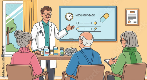 Doctor teaching elderly patients about medication safety.