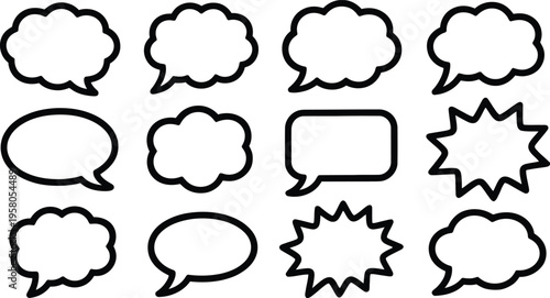 Black and white speech bubbles on white background for dialogue and communication design