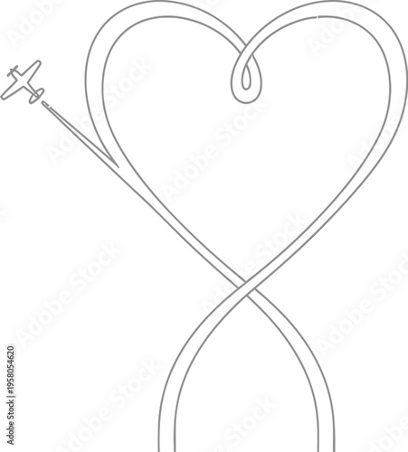 Single continuous line drawing of an airplane leaving a contrail that forms a heart shape, symbolizing travel and romantic journeys.