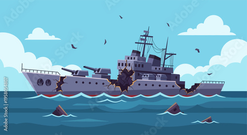 Heavily damaged battleship sinking in the ocean with sharks and birds, depicting a naval disaster.