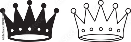 Set of 2 Black and Outline Crown Icons Vector for Royalty, Success, and Premium Design