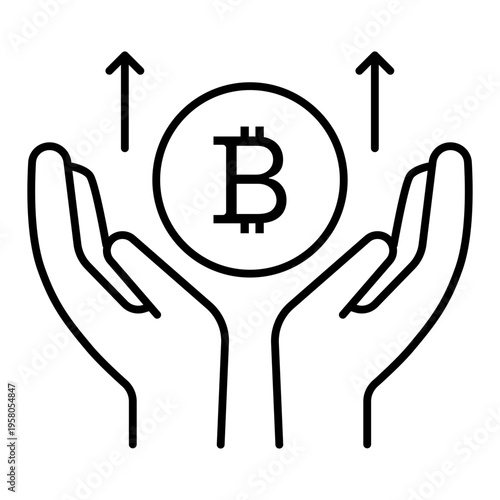 hand holding rising bitcoin line icon with editable stroke