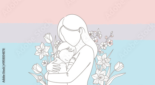 Elegant line art illustration depicting a loving mother tenderly embracing her small child surrounded by spring blossoms