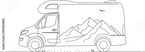 Minimalist line art illustration of a motorhome featuring a dramatic mountain range scene inside its silhouette