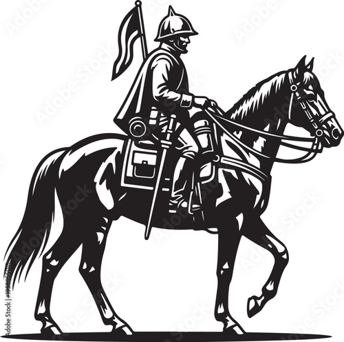 Vector knight on horseback with flag and armor
