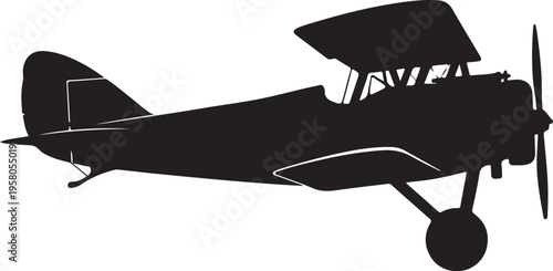 Vector black silhouette of vintage biplane airplane