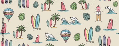 Hello Summer, pattern with surfboard, palm tree and wave, hand drawn illustration.	

