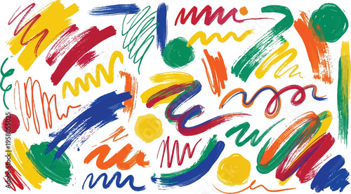 Vibrant colorful abstract brush strokes and swirls on white background creative art design elements