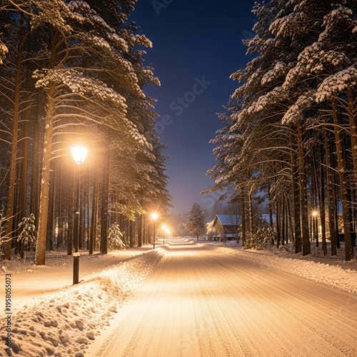 Winter Wonderland - A Snowy Road Illuminated by Streetlights at Night.
