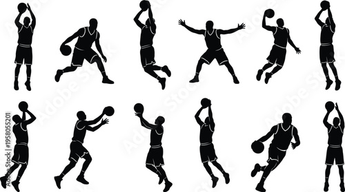 Black silhouettes of basketball players in various dynamic poses actions and movements on white background sports graphics