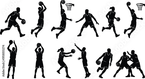 Collection of dynamic basketball players in action poses various movements and shots on white background