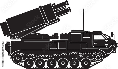 Military tank, armored vehicle, missile launcher, black silhouette