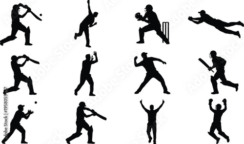 Cricket players in various poses black silhouettes on white background sports illustrations athletic actions cricketing movements