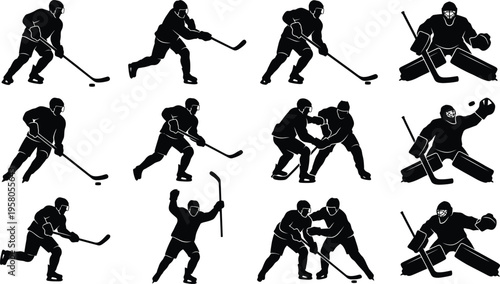 Black silhouettes of ice hockey players in various poses with sticks on white background for sports designs